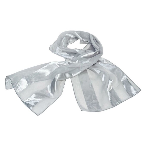 Women’s Gray Satin Silver Stripe Scarf Sheer Lightweight Wrap 60”x12.5” - Picture 3 of 14